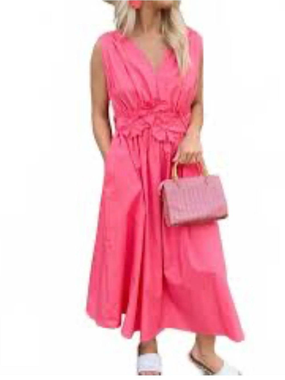 Lucy Paris Hot Pink Sleeveless V-Neck Midi Dress